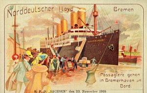 ركاب يستقلون سفينة SS Kaiser Wilhelm II العملاقة في بريمرهافن ، 1905. بواسطة غير معروف
