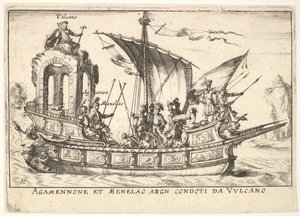 اللوحة 10: أجاممنون ومينيلوس جالسان في قارب برفقة شخصيات أخرى ، بما في ذلك V ... ، 1664. بواسطة غير معروف