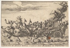 اللوحة 16: سفينة الموسيقيين مع إله البحر Claucus and tritons Barcha di musici rapra C ...، 1664. بواسطة غير معروف