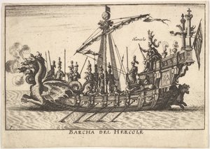 اللوحة 1: سفينة هرقل Barcha del Hercole ، مع مقدمة رأس التنين و Hercules على pl ... ، 1664. بواسطة غير معروف