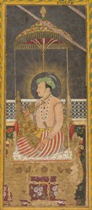 صورة بعد وفاته للإمبراطور جهانكير تحت مظلة مستقيمة ، الخط العربي ، ج. 1650. بواسطة غير معروف