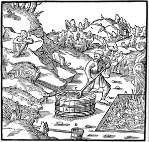 إنتاج الملح بتبخر المحلول الملحي الطبيعي بصبه في حفرة من حرق الفحم ، 1556 بواسطة غير معروف