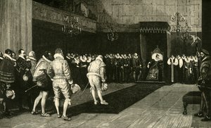 الملكة إليزابيث تستقبل السفراء الفرنسيين بعد مذبحة سانت بارثولوميو ، 1890. بواسطة غير معروف