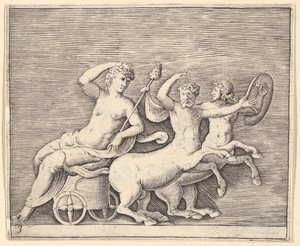مستلق الشكل الأنثوي على عربة رسمها اثنان سنتورس ، تم نشره في كاليفورنيا. 1599-1622. بواسطة غير معروف
