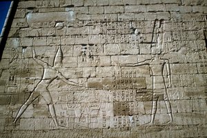 إغاثة رمسيس الثالث وهو يضرب الأعداء ، معبد رعمسيس الثالث الجنائزي ، مدينة هابو ، حوالي 1200 ق. بواسطة غير معروف