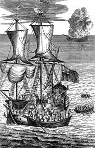 روبنسون كروزو ينقذ طاقم سفينة مشتعلة في البحر ، c1719 بواسطة غير معروف