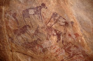 الفن الصخري ، عصور ما قبل التاريخ: رسم لمجموعة من الماشية والشخصيات في مأوى مزخرف ، في العوينات ، السودان (كركور الطلح أو كركور الطلح). الفترة من 8000 إلى 3000 سنة قبل الميلاد. التصوير بواسطة غير معروف