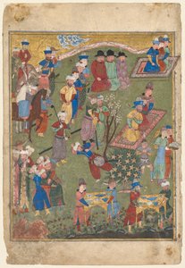 العيد الملكي في حديقة مستقيمة من واجهة صفحة مزدوجة من Shahnama ... ، 1444. بواسطة غير معروف