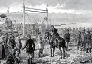 المدانون الروس تحت حراسة عسكرية في انتظار نقلهم عبر نهر ينيسي ، سيبيريا ، 1882 بواسطة غير معروف