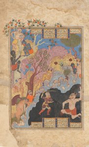 رستم يذبح الفرقة البيضاء ، ورقة من كتاب شاهنامه للملوك ، 1560-80. بواسطة غير معروف