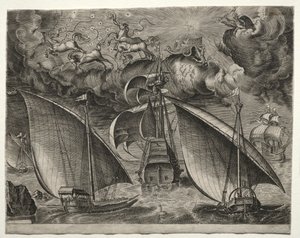 سفن الإبحار: قوادتان تبحران خلف ثلاثة أساتذة مسلحين مع فايتون ... ، 1561-65. بواسطة غير معروف