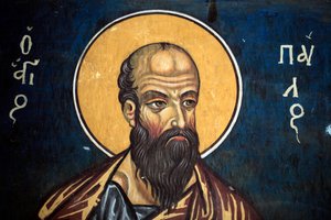 القديس بولس: لوحة جدارية بيزنطية من القرن الرابع عشر (1332) Nathex ، الجدار الجنوبي كنيسة العذراء Phorbiotissa ، موقع Asinou Unesco Troodos ، قبرص بواسطة غير معروف