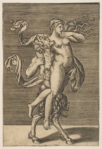Satyr يحمل حورية تقيد ذراعها الأيمن ، كاليفورنيا. 1515-1600. بواسطة غير معروف