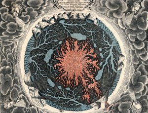 منظر مقطعي للأرض ، يظهر حريقًا مركزيًا وقنوات تحت الأرض مرتبطة بالمحيطات ، 1665 بواسطة غير معروف