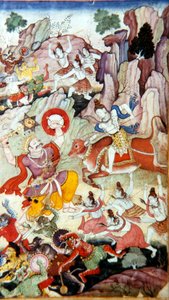 سيفا يدمر الشيطان وهاكا ، مخطوطة هريفامسا ، مدرسة موغال ، ج 1590 بواسطة غير معروف