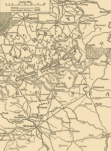 خريطة مبدئية لتوضيح الهجوم الألماني شمال وارسو في فبراير 1915 م 1920. بواسطة غير معروف