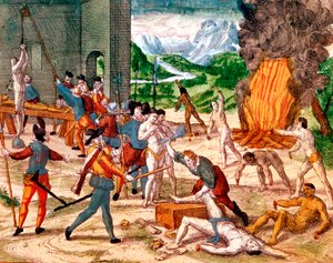 قام الغزاة الإسبان بتعذيب الهنود الأمريكيين ، 1539-1542 بواسطة غير معروف