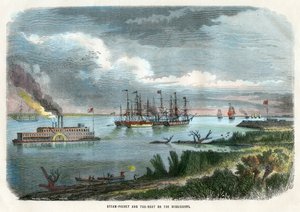 حزمة البخار وزورق السحب في ميسيسيبي ، الولايات المتحدة الأمريكية ، c1875 بواسطة غير معروف
