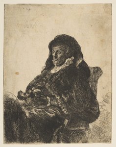 أم الفنانات جالسة على طاولة ، وتبدو إلى اليسار: طول الربع الثالث ، بعد عام 1631. بواسطة غير معروف
