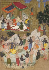 صحوة كومبهاكارنا في مدينة لانكا الذهبية ، فوليو من رامايانا ، كاليفورنيا. 1605. بواسطة غير معروف