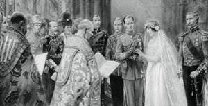 دوق يورك يضع الخاتم على إصبع السيدة إليزابيث باوز ليون ، 26 أبريل 1923 ، 1937 بواسطة غير معروف