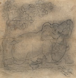 ملك الفيل يصارع تمساحًا: رسم توضيحي من سلسلة Gajendramoksha ، أواخر القرن التاسع عشر. بواسطة غير معروف
