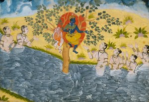 يتوسل جوبيس مع كريشنا لإعادة ملابسهم ، صفحة من Bhagavata Purana ... ، كاليفورنيا. 1610. بواسطة غير معروف