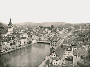 The Grosse Stadt and Kleine Stadt مقسومًا على نهر Limmat ، زيورخ ، سويسرا ، 1895. بواسطة غير معروف