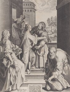 الزيارة ، والعذراء والقديسة إليزابيث المعانقة في الوسط ، محاطًا بآخر ... ، 1589. بواسطة غير معروف