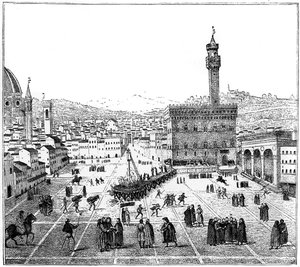إعدام جيرولامو سافونارولا في ساحة ديلا سيجنوريا ، فلورنسا ، 1882 بواسطة غير معروف