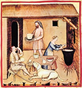 إنتاج الجبن. صورة مصغرة من Tacuinum Sanitatis ، النصف الثاني من القرن الرابع عشر. بواسطة غير معروف