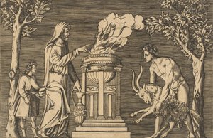 التضحية بكبش يحمله رجل عاري على اليمين ، كاهن مقنع على اليسار مع ... ، كاليفورنيا. 1515-1600. بواسطة غير معروف