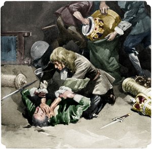 توماس بلود يحاول سرقة جواهر التاج من برج لندن في 1671 ، 1937 بواسطة غير معروف