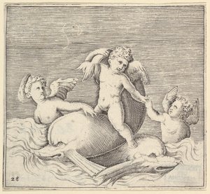 ثلاثة كيوبيد واثنان من الدلافين ، نُشرت في كاليفورنيا. 1599-1622. بواسطة غير معروف