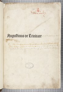 صفحة العنوان لـ De trinitate و De Civitate Dei مع التعليق ، كتبها أوغسطين من Hippo (قلم وحبر على ورق) بواسطة غير معروف