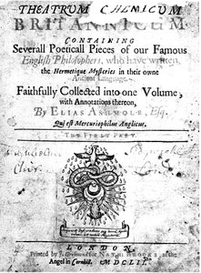 صفحة العنوان في كيمياء المسرح البريطانية إلياس أشمول ، 1652 بواسطة غير معروف