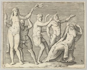 شخصان ، Faun و Satyr يقتربان من كرسي Recliniing Woman ، تم نشره في كاليفورنيا. 1599-1622. بواسطة غير معروف