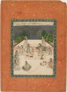 جلست امرأتان على شرفة محاطة بالحاضرين والموسيقيين ، كاليفورنيا. 1650. بواسطة غير معروف