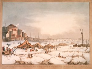 منظر لنهر التايمز المتجمد من ثري كرينز وارف ، لندن ، 1814 بواسطة غير معروف