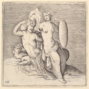 امرأة مع درع جالس على Seamonster ، نشرت كاليفورنيا. 1599-1622. بواسطة غير معروف
