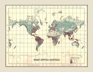 خريطة العالم تظهر متوسط هطول الأمطار السنوي ، 1902. بواسطة غير معروف