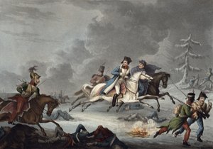 رحلة بونابرت من معركة كراسنوي بقلم ويليام هيث ، نُشرت في 1 أبريل 1815 (ألوان مائية ملونة)
