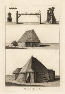 خيام عسكرية من القرن الثامن عشر: حصان أو رف لدعم الأقفال النارية 1،2،3 ، البنادق على الرف 4 ، خيام المختبرات التابعة للمدفعية 5 ، خيمة الضابط الميداني أو المركيز 6 بواسطة غير معروف
