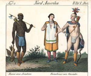 رجل من الأكاديين موشوم الجسم واثنين من الهنود الحمر من السكان الأصليين الكنديين. الطباعة الحجرية للكتاب: "غاليري كامل في اللوحات التوضيحية الكاملة لشعوب أمريكا وأستراليا" لفريدريش فيلهلم غودشي (1785-1863)، طبعة ميسن (ألمانيا) بواسطة فنان غير معروف