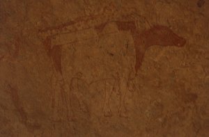 الجزائر ، الصحراء الكبرى ، منتزه طاسيلي ن أجر الوطني ، موقع صفار ، لوحة صخرية تصور ثورًا.
