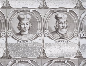 بوليسلاف الخامس ، العفيفة ، وليزيك الثاني ، الأسود ، لا. 27 و 28 من "Series Chronologica Ducum et Regum Polonorum" (نقش) بواسطة غير معروف