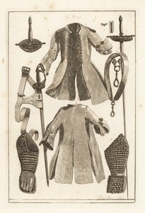 Buff coat 1,2, buff belt 3, gilt-silver sword hilt 4, buff arm-piece and glove 5,6, toledo sword 7, blade and scabbard 8, and hilt 9 بواسطة غير معروف