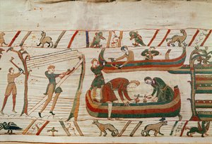 بناء السفن بأوامر من Duke William، Bayeux Tapestry (تطريز صوف على الكتان) بواسطة غير معروف