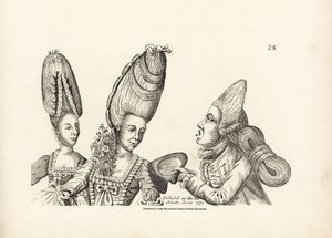 رسم كاريكاتوري لأزياء أواخر القرن الثامن عشر: امرأة بشعر مستعار طويل مع حديقة من الزهور في حضنها، ومعكرونة بشعر مستعار طويل مع كتلة شعر باهظة مربوطة من الخلف. نقش على لوح نحاسي بعد رسم توضيحي ساخر لتيموثي بوبين (جون بواسطة فنان غير معروف