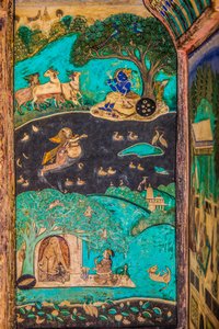 فناء Chittra Sala مع لوحات Virtuoso الجميلة ، Taragarh Fort ، Bandi ، Bandi ، Rajasthan ، India ، Asia (Photo) بواسطة فنان غير معروف